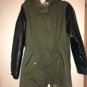 Army Green Leather Sleeve Utility Jacket